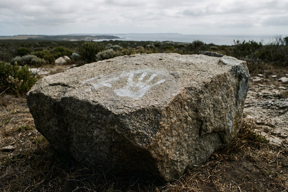 A granite lifting stone with a chalk handprint on open coastal barrens